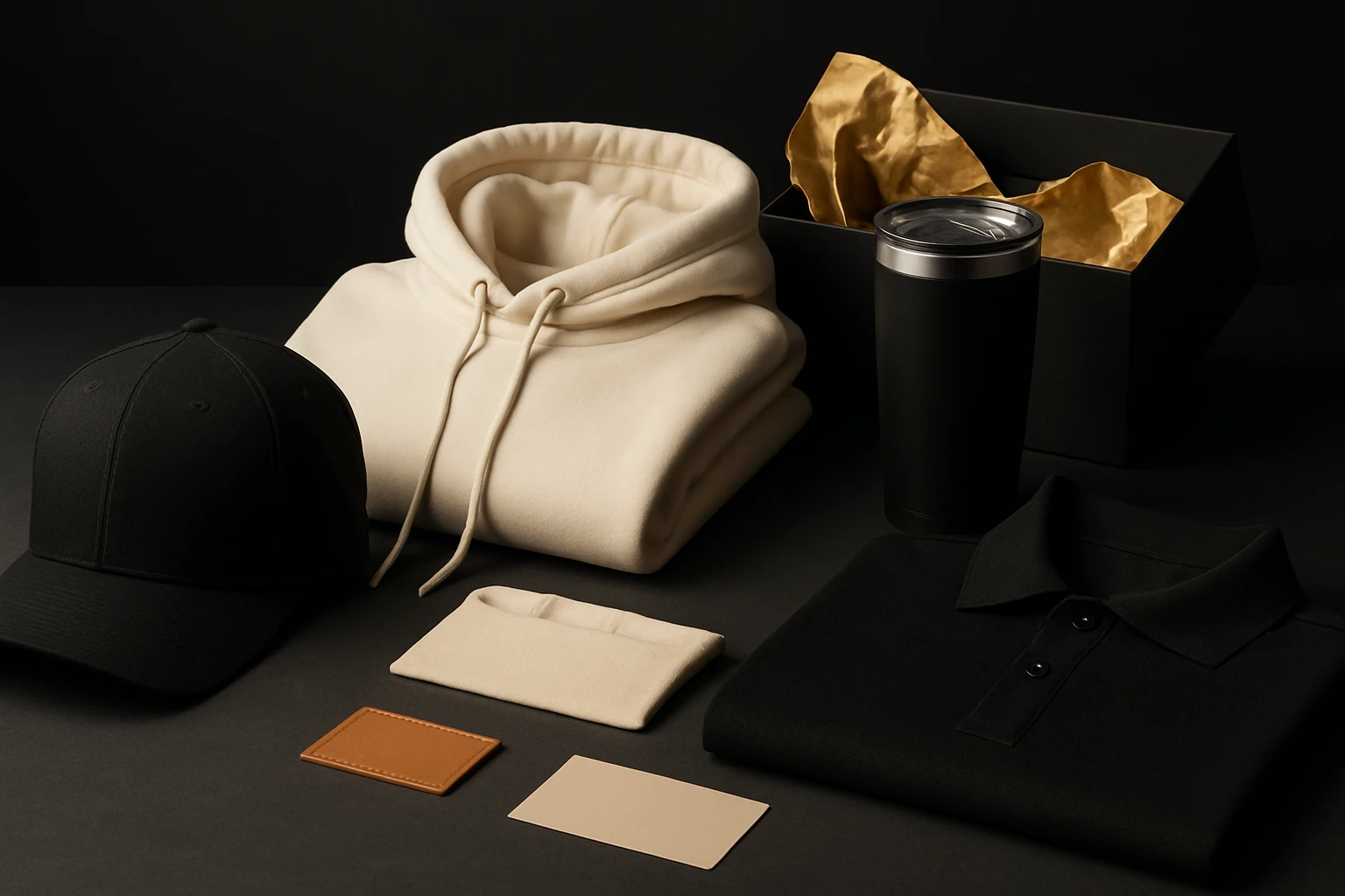 Premium Merch’d branded apparel, headwear, drinkware, and gifting spread