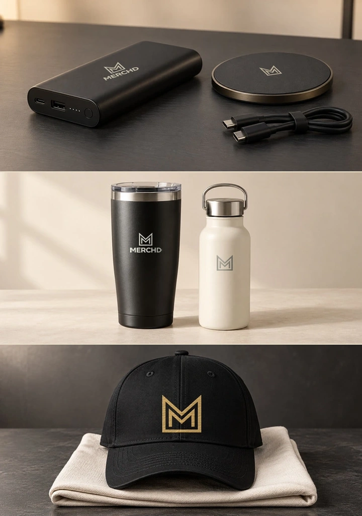 Merchd-branded tech, drinkware, and headwear photographed without people